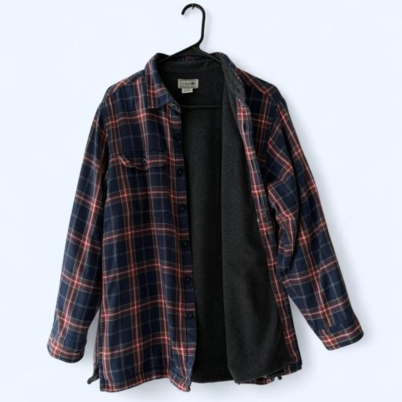 LL Bean Men's Flannel Lined Shirt Jacket Navy Red Plaid Size Medium Regular - Picture 2 of 5